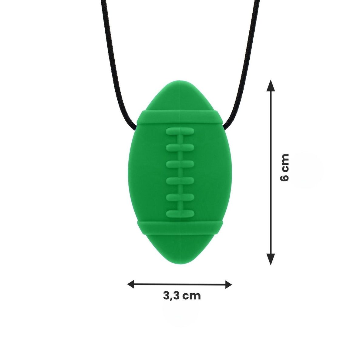 Grönt tugghalsband i form av rugbyboll med måttangivelse 6 x 3,3 cm