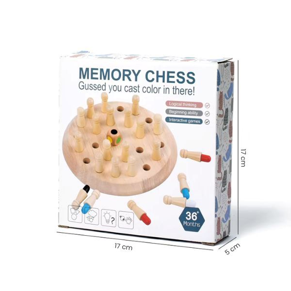 Förpackning med texten “Memory Chess” och måttangivelser på sidan – brädspel för barn från 36 månader.