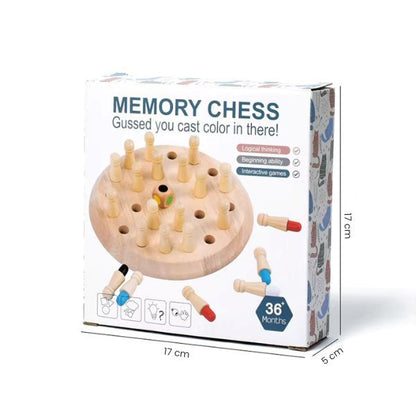 Förpackning med texten “Memory Chess” och måttangivelser på sidan – brädspel för barn från 36 månader.