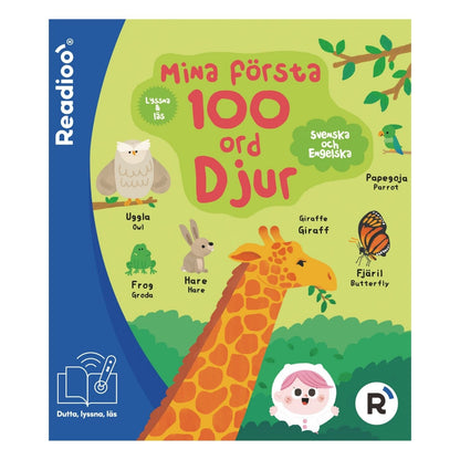 Omslag av Readioo-boken "Mina första 100 ord: Djur" tvåspråkig på svenska och engelska.