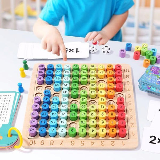 Barn som använder multiplikationsspel i trä för att träna matte på ett lekfullt sätt