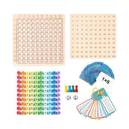 Innehåll i multiplikationsspel med träbräda, nummerbrickor, kort och tärningar