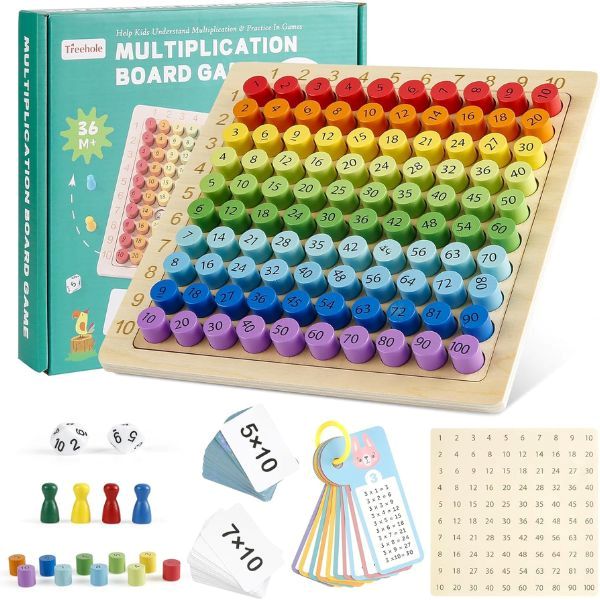 Multiplikationsspel i trä med färgade nummerbrickor och tillhörande förpackning