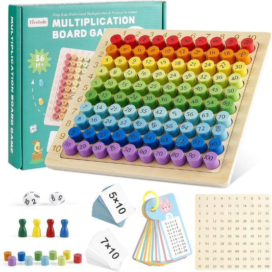 Multiplikationsspel i trä med färgade nummerbrickor och tillhörande förpackning