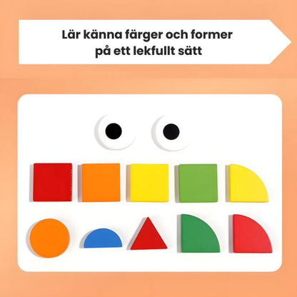 Närbild på färgglada geometriska träbitar med ögon, samt texten: 'Lär känna färger och former på ett lekfullt sätt'.