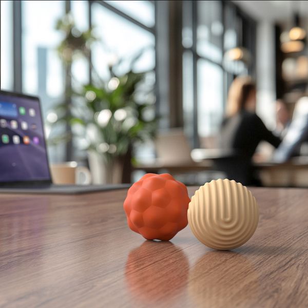 Orange och beigea fidgetbollar på bord – kontorsmiljö i suddig bakgrund.