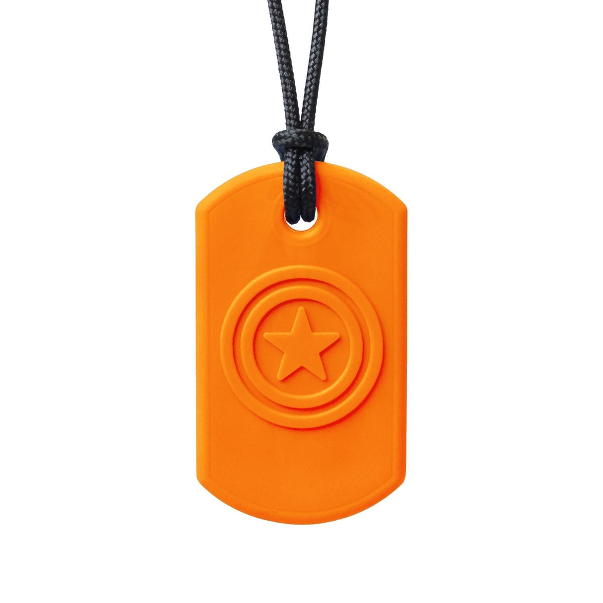 Orange tugghalsband med stjärnformad detalj, fäst i svart halsbandssnöre