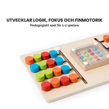 Färgkampen spelbräde med överliggande text: Utvecklar logik, fokus och finmotorik. Pedagogiskt spel för 1–2 spelare.