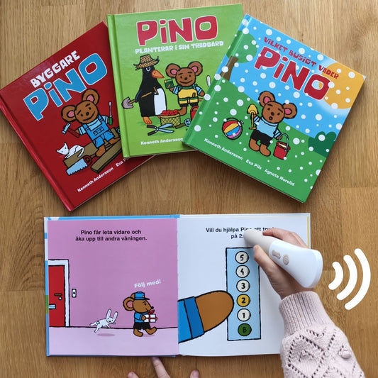 Barn använder Readioo läspenna i boken Pino och paketet, interaktiv lässtund med ljud och bilder.