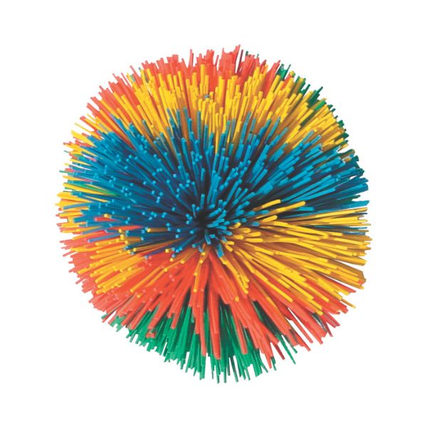 Färgglad pompomboll med mjuka gummitrådar för taktil stimulans, ca 7,5 cm i diameter
