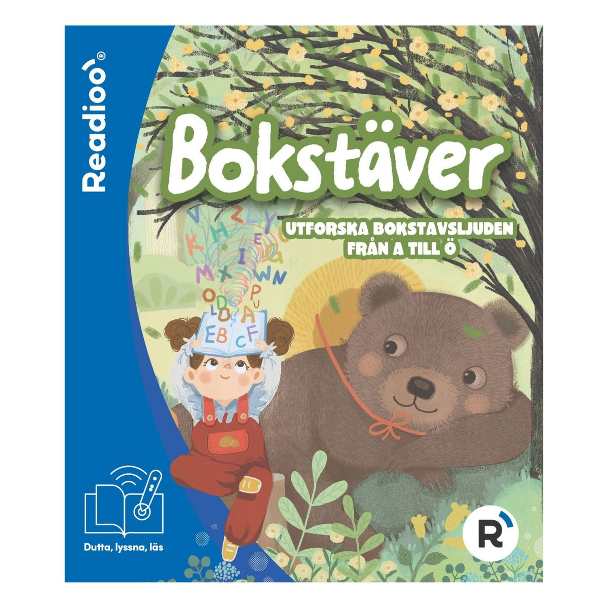 Framsidan av Readioo-boken Bokstäver Utforska bokstavsljuden från A till Ö med illustration av barn och björn.