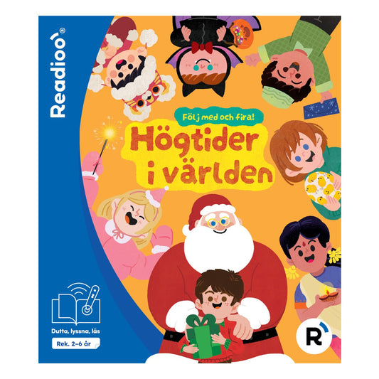 Bokomslag till Readioo Följ med och fira högtider i världen, interaktiv barnbok om högtider, traditioner och firanden.