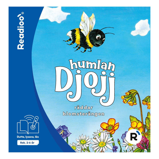 Bokomslag till Readioo Humlan Djojj räddar blomsterängen, interaktiv barnbok om natur och omtanke.