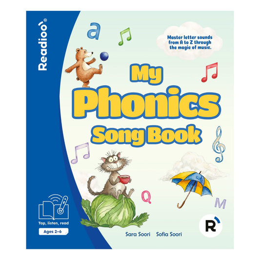 Bokomslag till Readioo My Phonics Song Book, interaktiv engelsk barnbok om bokstavsljud, musik och phonics.