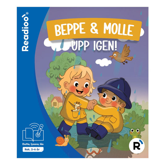 Bokomslag till Readioo Beppe & Molle: Upp igen!, interaktiv barnbok om regn, syskon och omtanke.