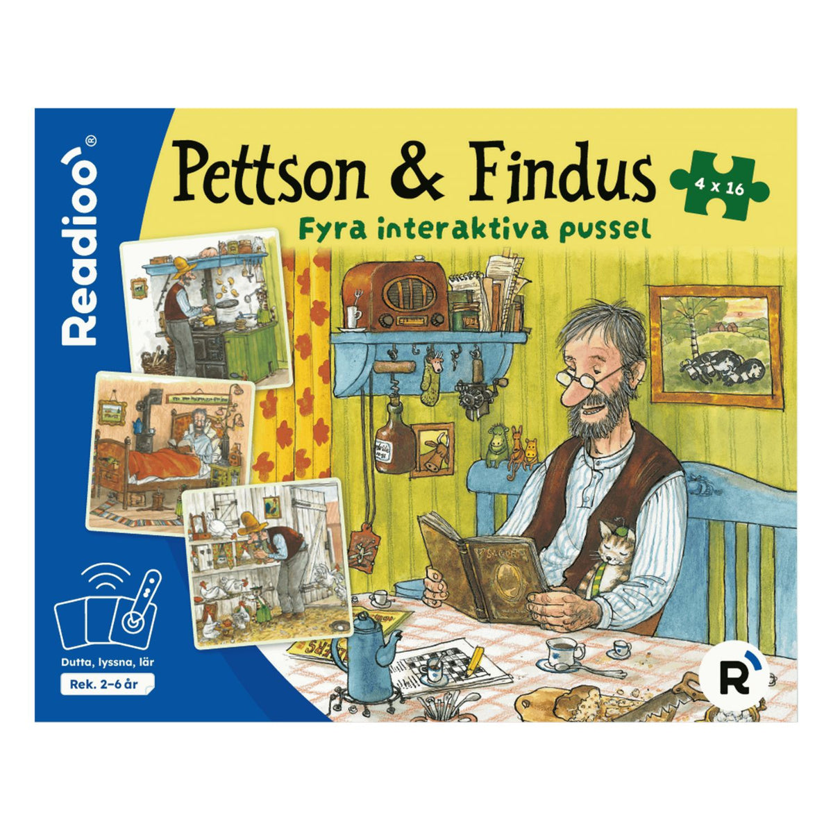 Readioo Pettson & Findus, förpackning med fyra interaktiva pussel om 16 bitar vardera, rekommenderad ålder 2 till 6 år.