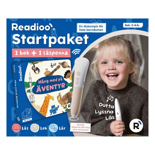 Readioo Startpaket Häng med på äventyr, läspenna och skrattande barn på blå förpackning, rekommenderad ålder 2 till 8 år.