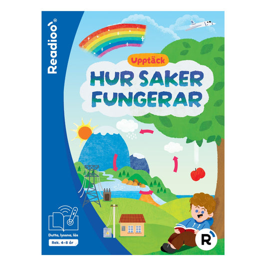 Bokomslag till Readioo Upptäck hur saker fungerar, interaktiv faktabok om ljus, ljud och krafter.