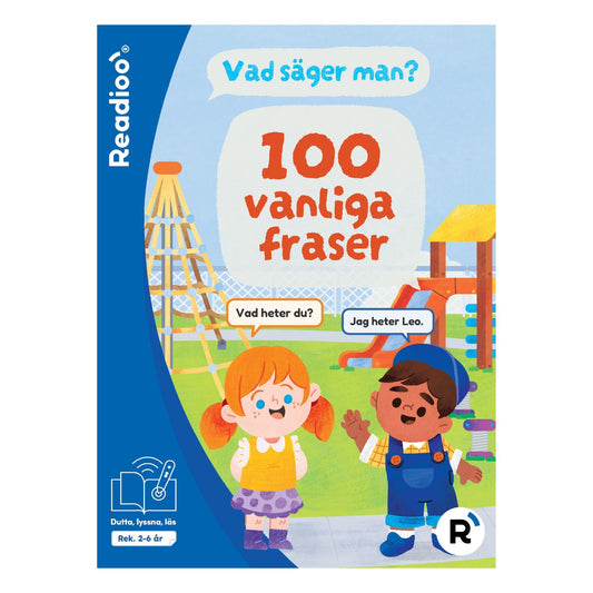 Bokomslag till Readioo Vad säger man? 100 vanliga fraser, interaktiv barnbok om språk och vardagsfraser.