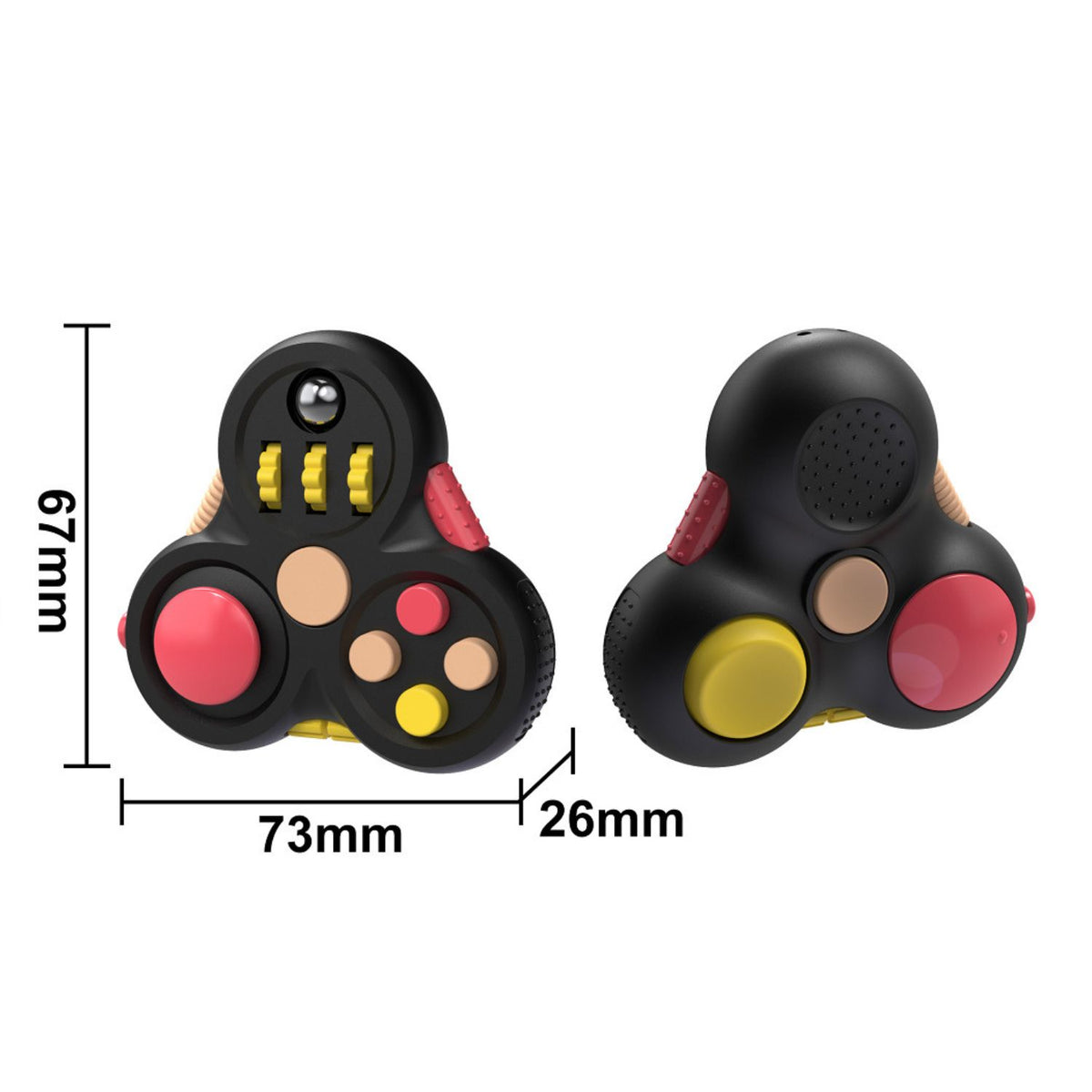 Sensorisk fidget med mått – visad från fram- och baksida med klick- och snurrfunktion.