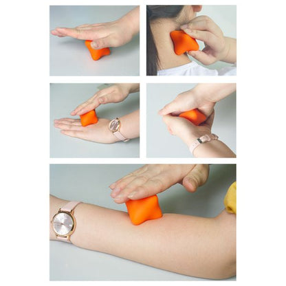 Person som använder orange sensorisk greppboll för hand- och nackmassage