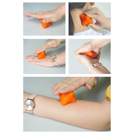 Person som använder orange sensorisk greppboll för hand- och nackmassage