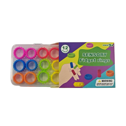 12 sensoriska fidgetringar i två storlekar med transparent förvaringsbox