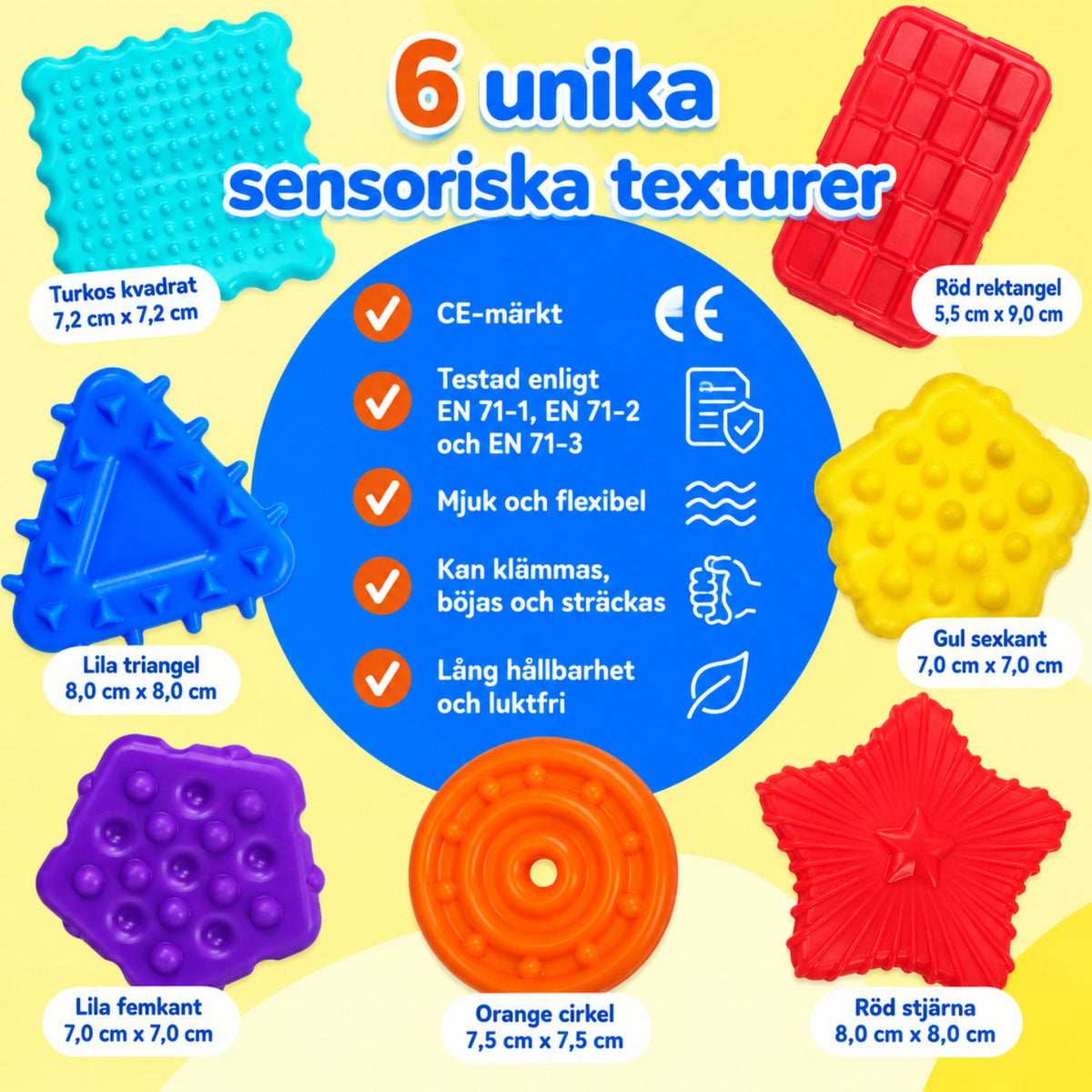 CE märkta sensoriska stenar testade enligt EN 71 med sex olika taktila texturer