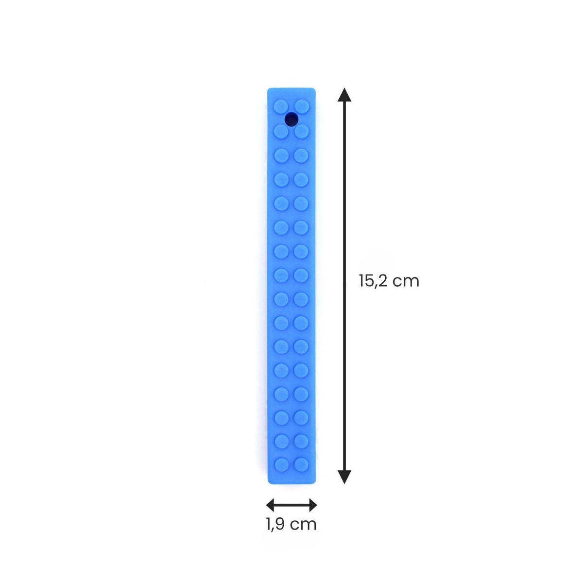 Blått MEGA Brick Stick med måttangivelse – 15,24 cm långt och 1,9 cm brett, idealiskt sensoriskt tugghjälpmedel.