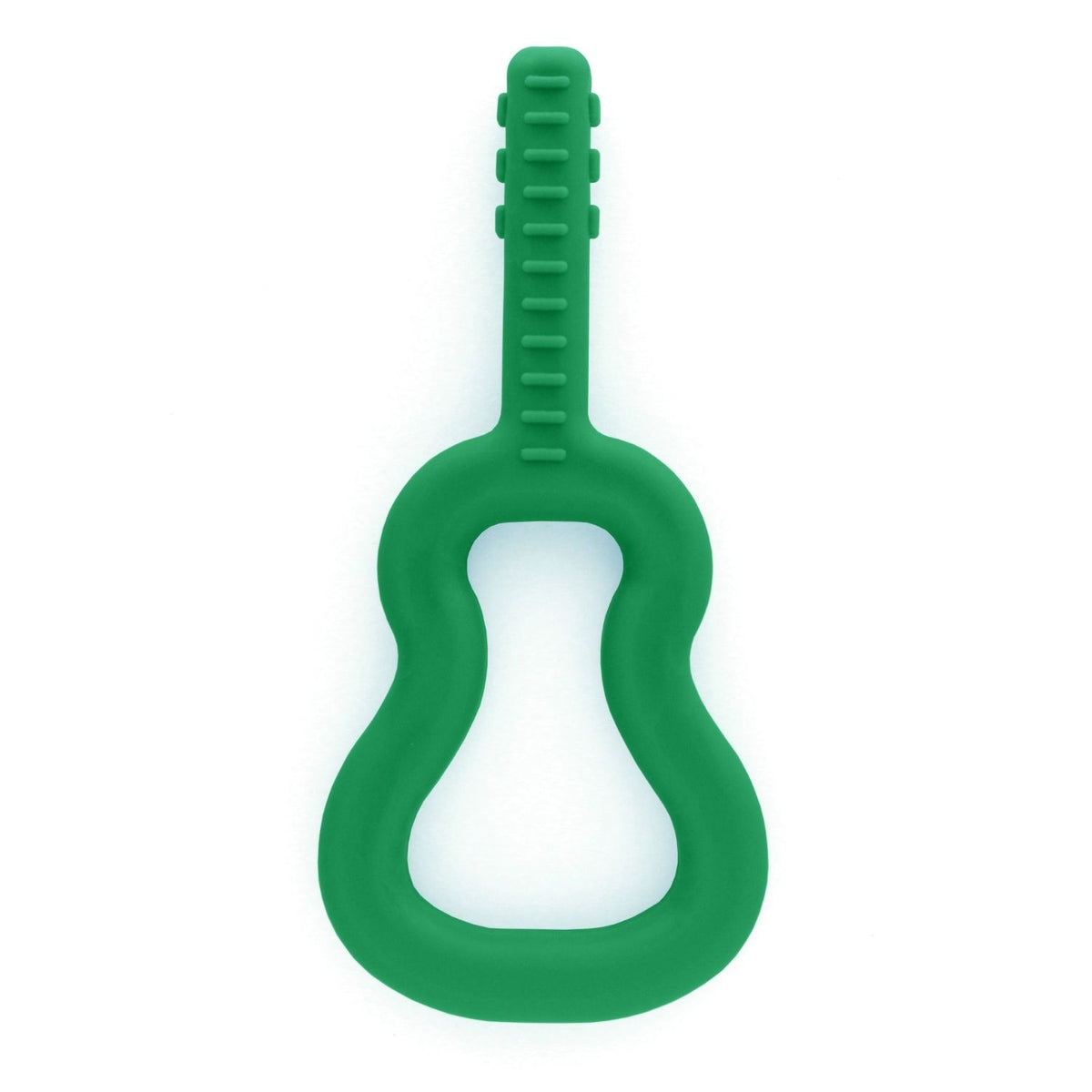 Sensoriskt tugghjälpmedel i form av grön gitarr med strukturerad yta.