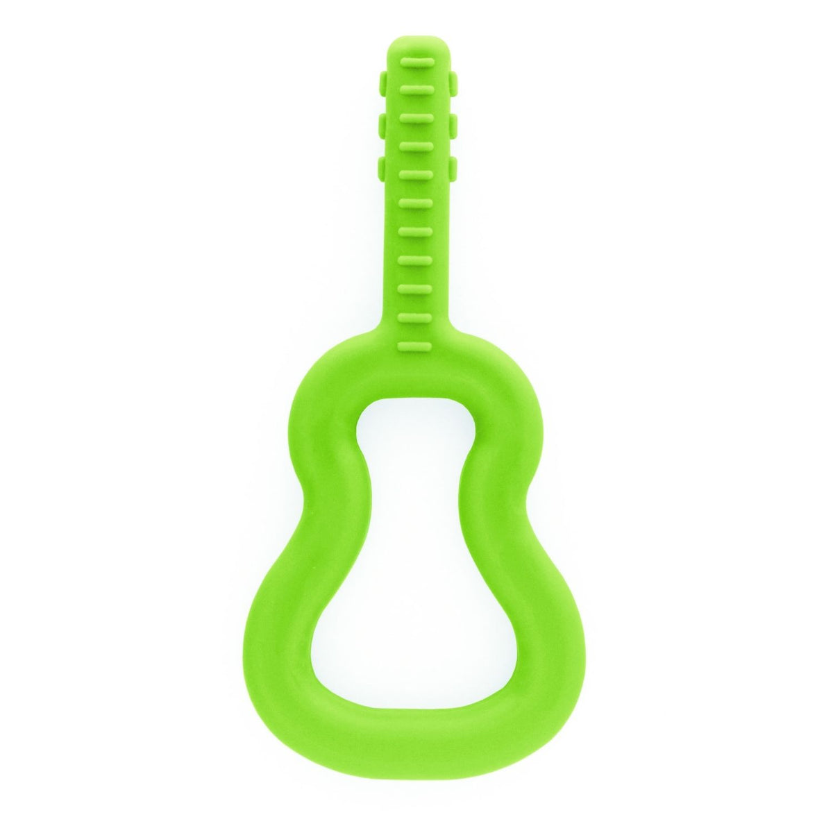 Handhållet tugghjälpmedel i limegrönt, format som en gitarr med taktila detaljer.