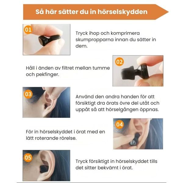 Instruktion för hur du sätter in SP Slide hörselskydd steg för steg