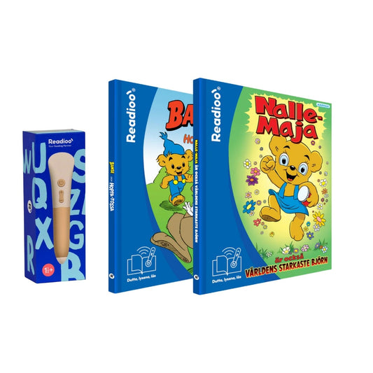 Startpaket Bamse med böckerna Bamse och Hoppa-Tossa, Nalle-Maja och Readioo läspenna för interaktiv läsning
