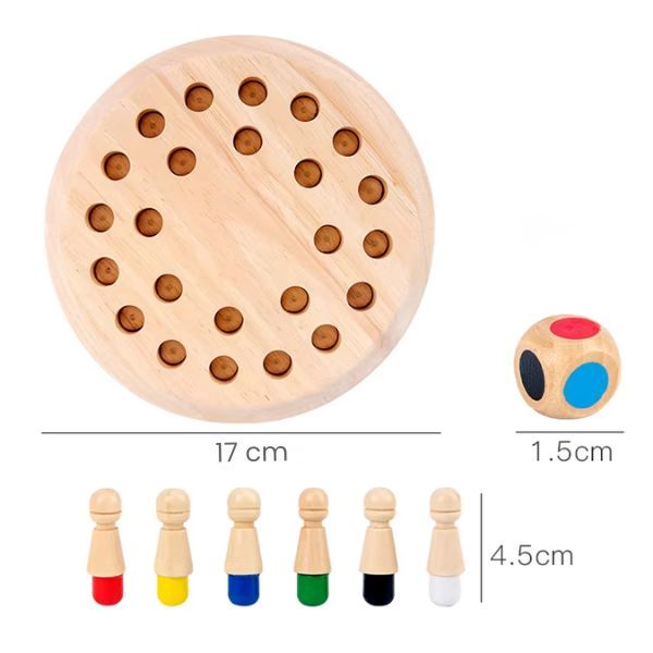 Rund spelbräda i trä med färgkodade pjäser och tärning – memoryspel för barn från 3 år.