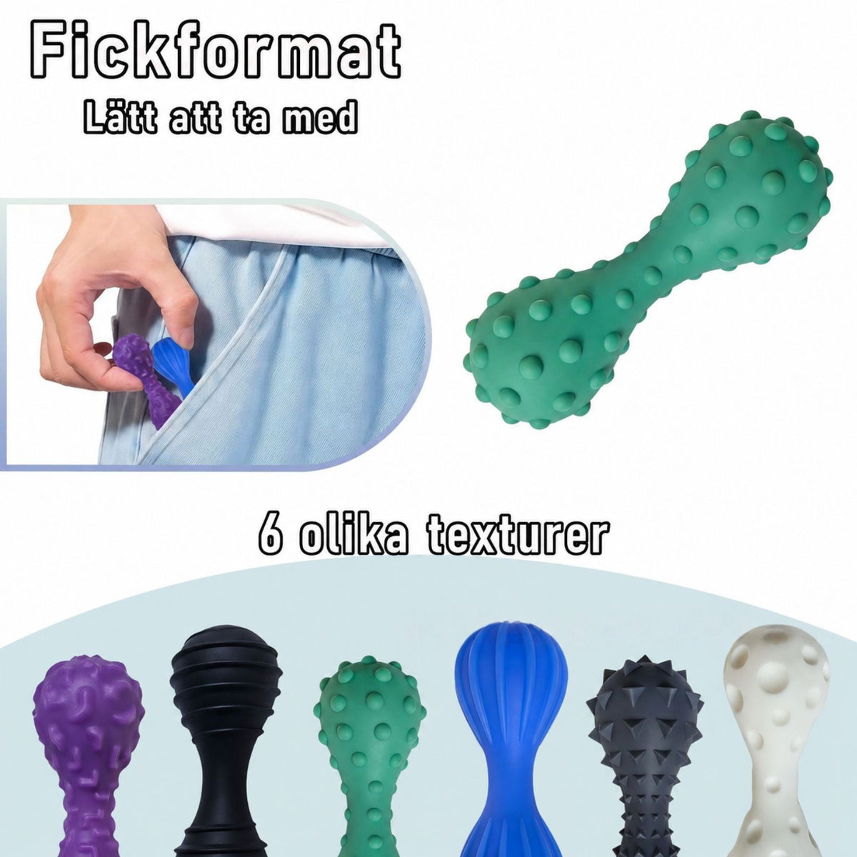 Taktil fidget i silikon läggs i fickan, samt alla sex strukturer i dova färger.