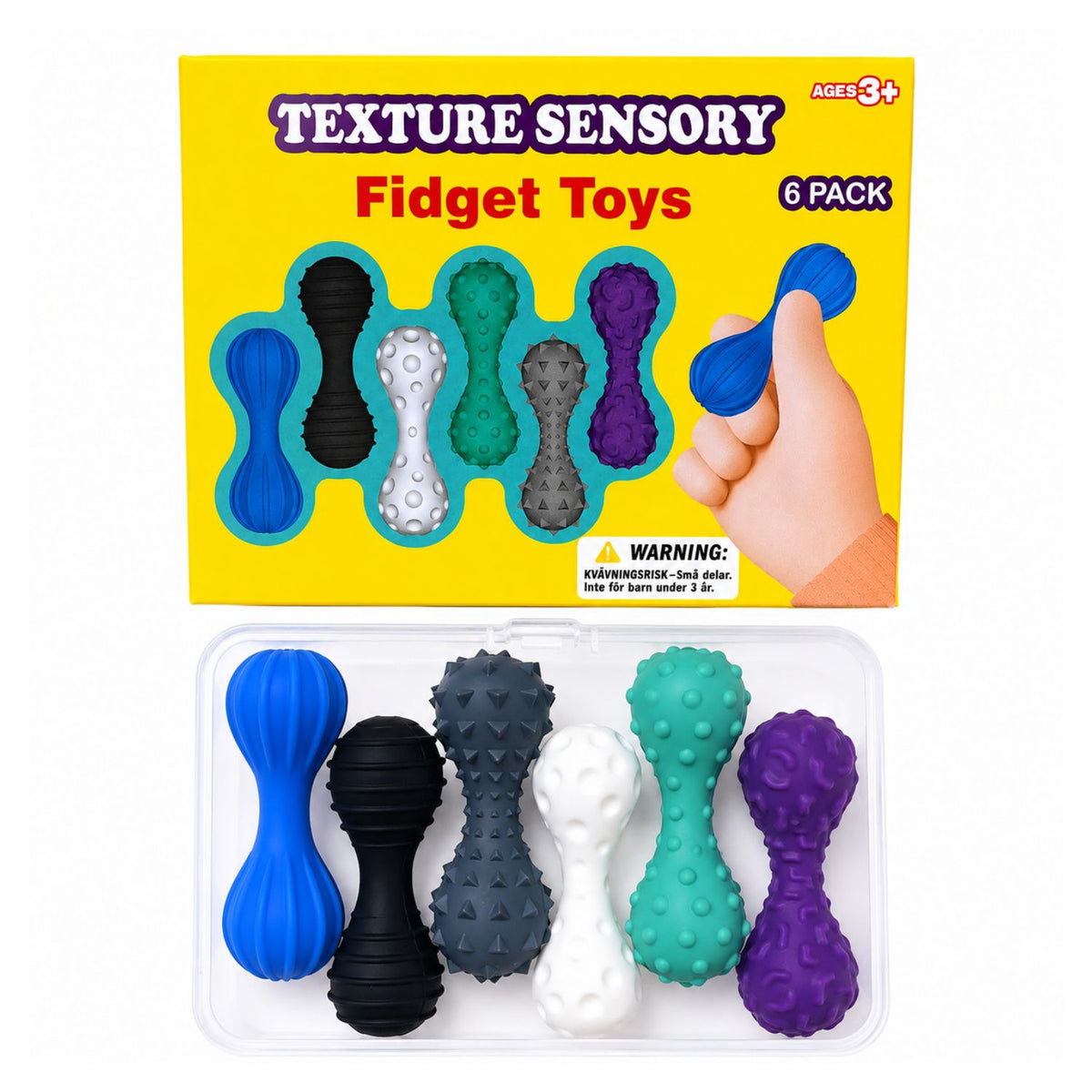 Taktila fidgets i silikon för adhd, sex strukturer i dova färger med ask och förvaringsbox.