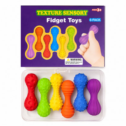 Sensoriska fidgets i silikon i klara färger, sex strukturer i ask med transparent förvaringsbox.
