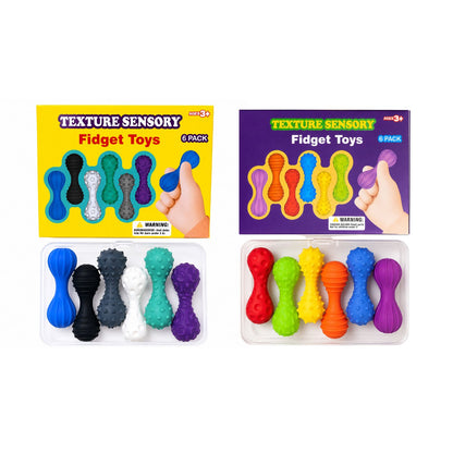 Taktila fidgets i silikon i två färgversioner, sex strukturer i varje ask med förvaringsbox.