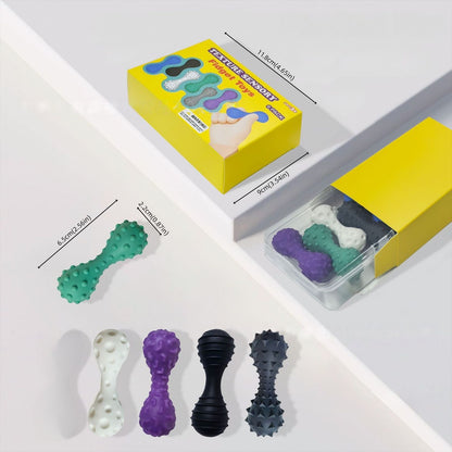 Taktil fidget i silikon med måtten 6,5 x 2,2 cm, ask och förvaringsbox med sex strukturer.