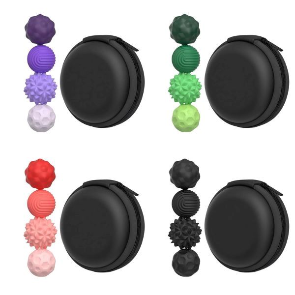 Set med fyra färger av sensoriska magnetkulor och resefodral. 
