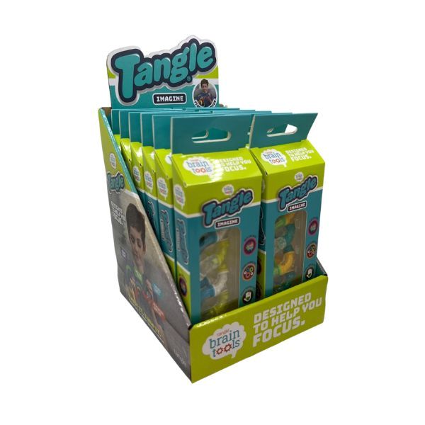 Butiksdisplay med förpackningar av Tangle BrainTools Imagine, märkta med texten "Designed to help you focus"