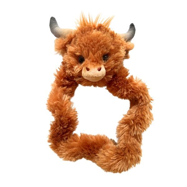 Tangle Furry Fidget Friend i form av en Highland Cow, mjuk fidgetleksak för sensorisk stimulans.”