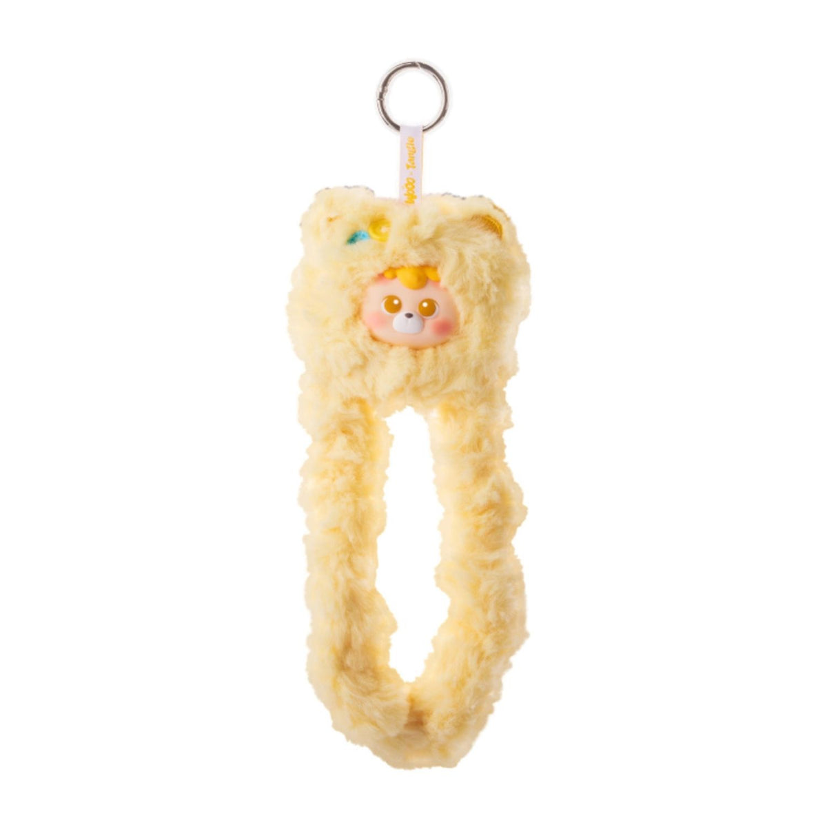 Gul Tangle x HiddenWooo Mallow Bears Honey Butter med fluffig björndesign, långa mjuka delar och metallring för upphängning.