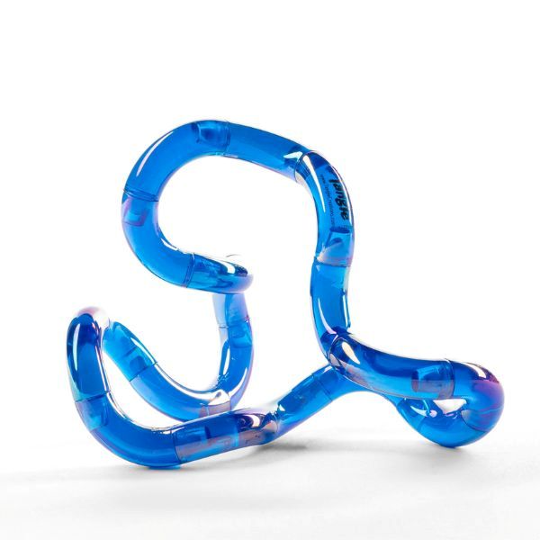 En blå, genomskinlig och glittrande fidget-leksak som främjar fokus och lugn.