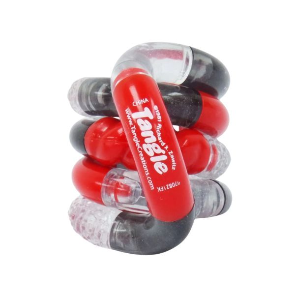 En stilren fidget med texturerad yta i rött och svart, perfekt för självreglering och finmotorisk träning.