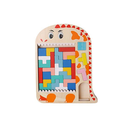 Tetris pussel i trä med dinosauriemotiv för kreativt byggande och taktil träning