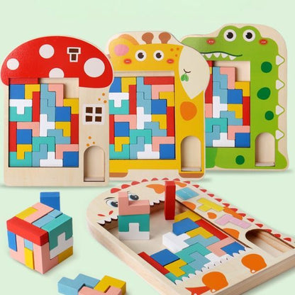 Tetris pussel i trä i tre figurer: giraff, krokodil och dinosaurie