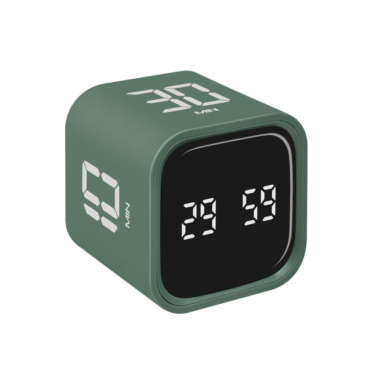 Grön TFA Mini Cube digital timer med 30 minuter som förinställd tid