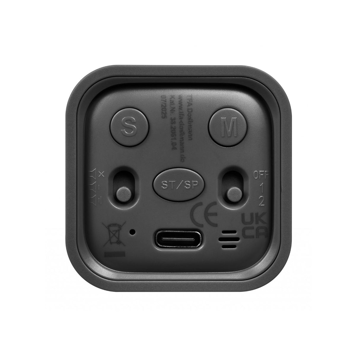 Baksidan av TFA Mini Cube med knappar, alarminställningar och USB-C-anslutning
