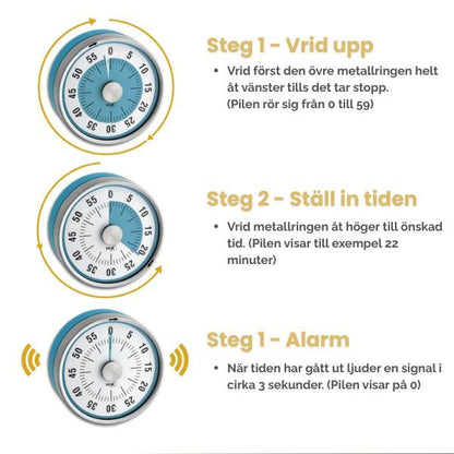 Så fungerar Timer Puck med magnet, vrid upp, ställ in tid och signal vid slut, mekanisk visuell timer